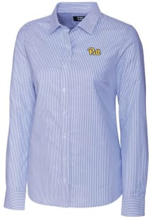 Womens Pitt Panthers Blue Cutter and Buck Stretch Oxford Stripe Long Sleeve Dress Shirt